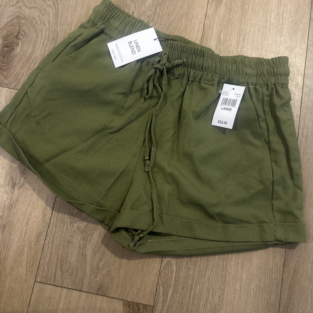 Love Tree Junior's Linen Blend Shorts Olive Green Pull On Drawstring‎ Large